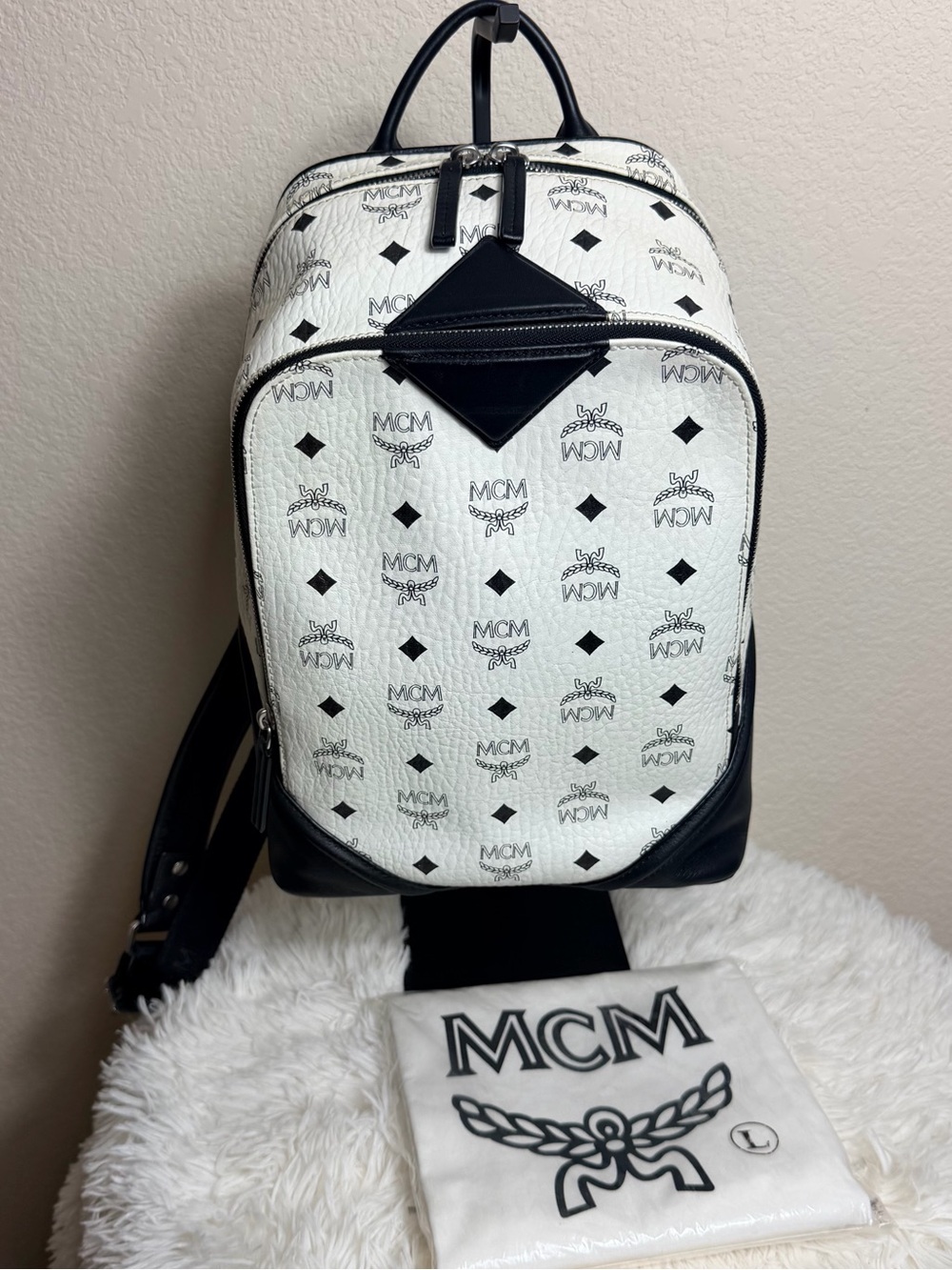 Unisex MCM Duke Visetos Book Bag Backpack in White with Black Logo With Dust Bag